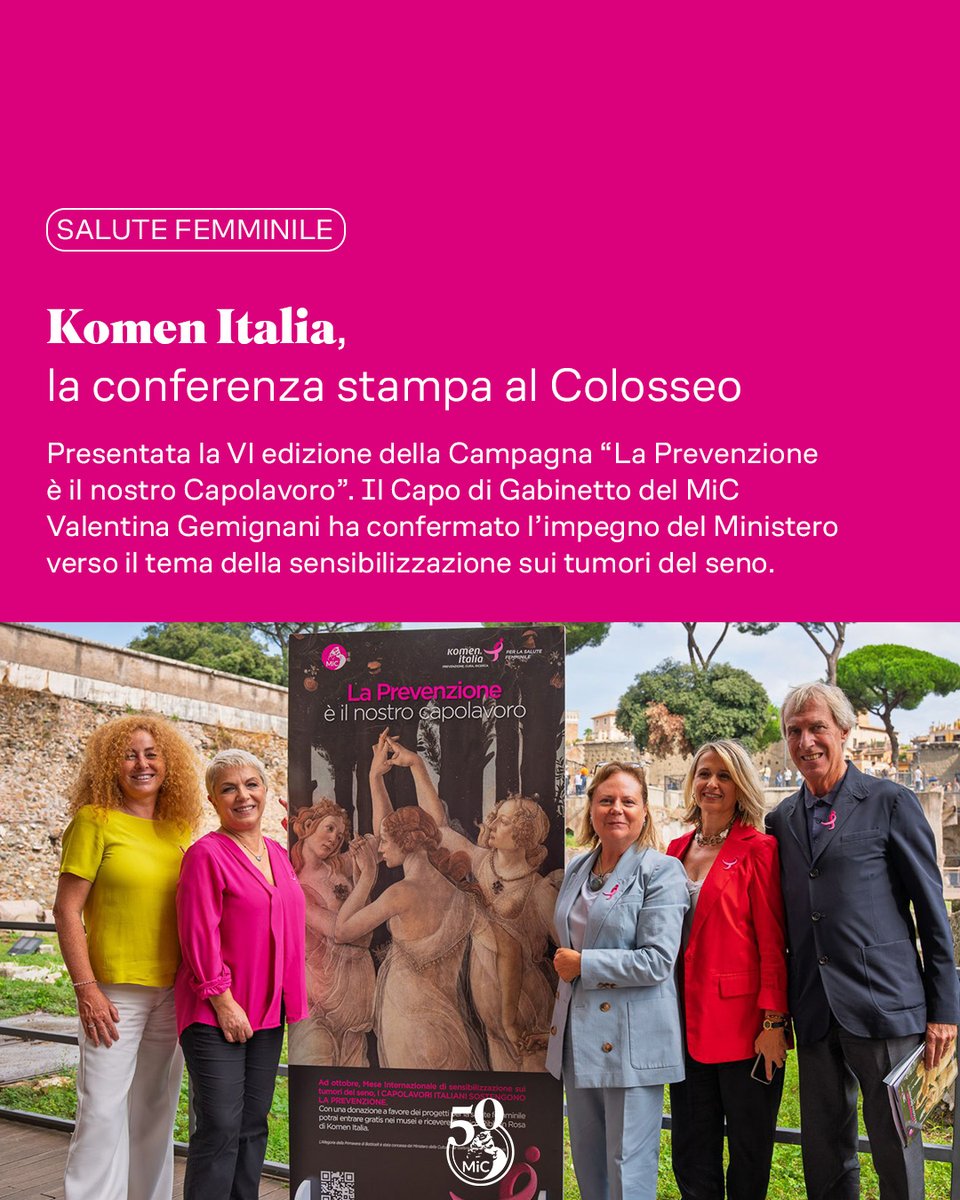 MiC_Italia's tweet photo. Sensibilizzazione sui tumori del seno, presentata al Colosseo la VI edizione della Campagna nazionale "La Prevenzione è il nostro Capolavoro" di @KomenItalia in collaborazione con il MiC https://t.co/DWp99OdBY8