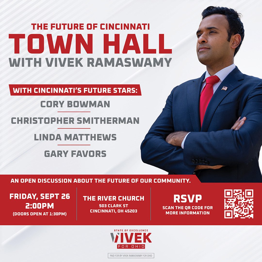 Hamilton County GOP (@hamcogop) on Twitter photo Join us for a powerful Town Hall with <a href="/VivekGRamaswamy/">Vivek Ramaswamy</a> at <a href="/corymbowman/">Cory Bowman</a> River Church!
Come hear directly from Vivek, Cory and others <a href="/votematthews/">Linda Matthews</a> about their vision for Cincinnati, faith, freedom, and the future of Ohio.🇺🇸 Join us for a powerful Town Hall with <a href="/VivekGRamaswamy/">Vivek Ramaswamy</a> at <a href="/corymbowman/">Cory Bowman</a> River Church!
Come hear directly from Vivek, Cory and others <a href="/votematthews/">Linda Matthews</a> about their vision for Cincinnati, faith, freedom, and the future of Ohio.🇺🇸