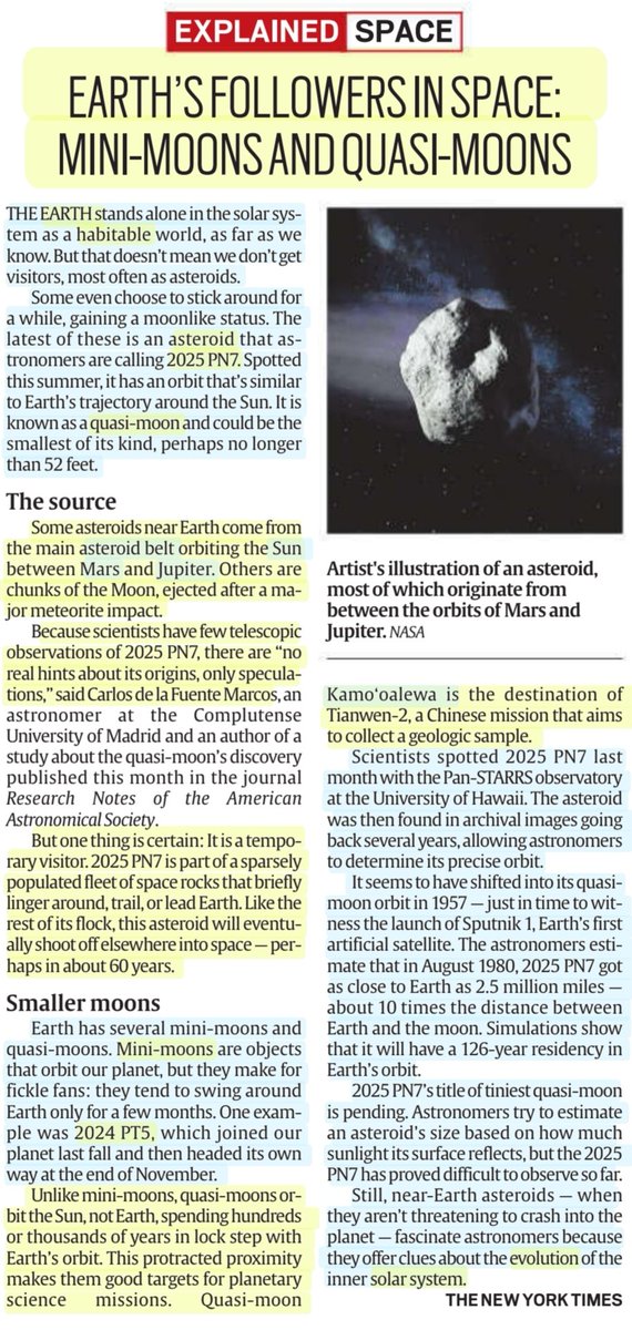 imRavikantYadav's tweet photo. Earth's followers in space: Mini-Moons & Quasi-Moons
:Details
#Earth #asteroide #QuasiMoon #2025PN7 #Kamooalewa
#MiniMoon #2024PT5
#AsteroidBelt #Mars #Jupiter
#Sun #Moon #SolarSystem #evolution
#UPSC
Source: IE NYT https://t.co/7VXrsOrA0l