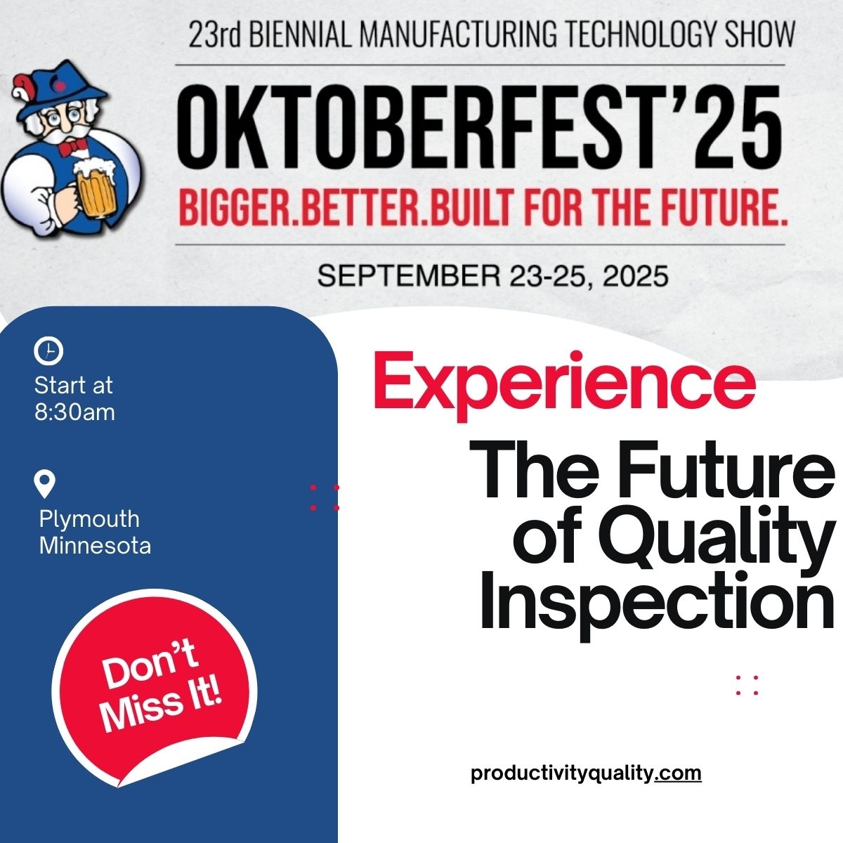 InspecVision's tweet image. InspecVision is excited to be part of Oktoberfest at @Productivity Quality, Inc. 
We’ll be showcasing how our 2D &amp;amp; 3D inspection systems help manufacturers reduce waste, cut inspection times, and achieve unmatched accuracy. 

 #Oktoberfest  #qualitycontrol #metalfabrication