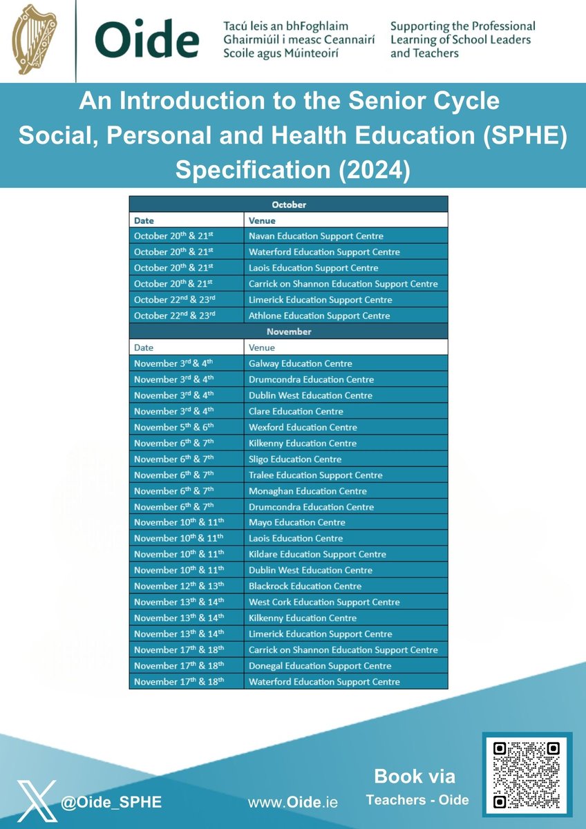 This two-day professional learning experience (PLE) is designed to support SPHE teachers in planning, teaching and assessing the Senior Cycle SPHE Specification. This PLE will be offered nationwide starting Monday 20/10/2025. Book via: buff.ly/LsjJYMY