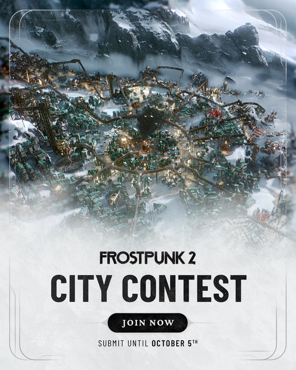 frostpunkgame's tweet image. Show us your City, Stewards! 🗣️
To enter, just follow us, share a screenshot of your city with #Frostpunk2CityContest, and tag a friend who’d thrive there.
You’ll have a chance to win a #Frostpunk 2 OST vinyl signed by @pmcomposer - plus a game of your choice from our catalogue…