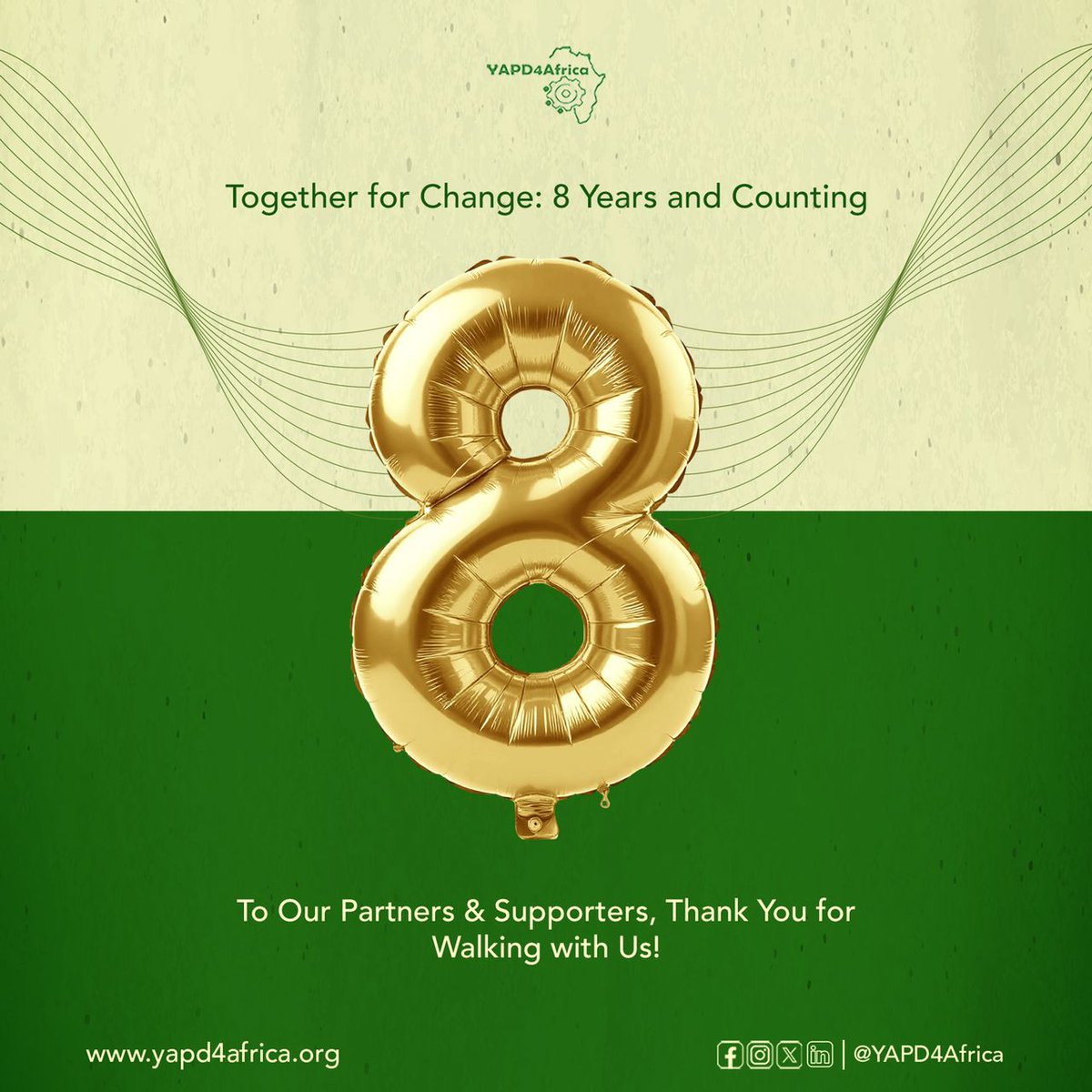 Today marks significant milestones at <a href="/YAPD4Africa/">YAPD4Africa</a>, 8 years since our inception in 2017.

We are deeply grateful to our partners, donors, communities, colleagues &amp; everyone, who continue to support &amp; trust our cause.

Here’s to many more years🥂💚 
#YAPD4AfricaAt8
#CommunityFirst