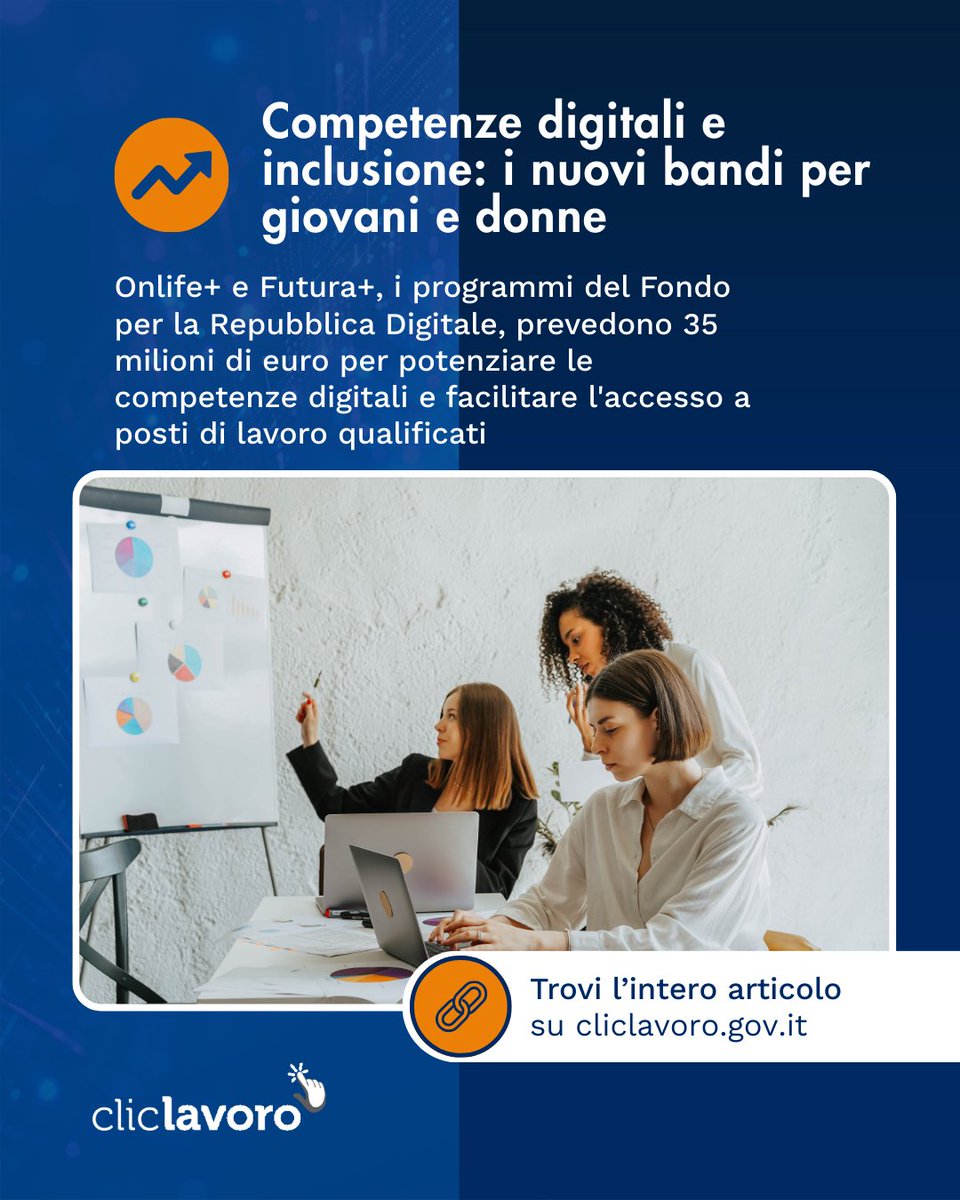 cliclavoro's tweet image. 💻 Competenze #digitali al centro!
Il Fondo per la Repubblica Digitale investe 35 mln € con:
✨ #Onlife+ per i #NEET
✨ #Futura+ per le #donne

Nuove opportunità in #ICT, #AI e #cybersecurity. 

Candidature entro il 18/12/25 👉cliclavoro.gov.it/news/trend-int…