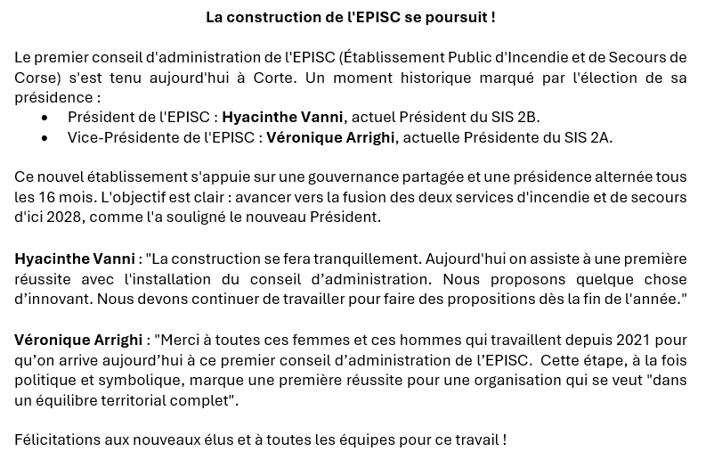 Communiqué des <a href="/sis_2b/">SIS 2B - Cismonte</a> et <a href="/SIS_2A/">SIS 2A - Pumonte</a> relatif à la première réunion du conseil d'administration de l’Établissement Public d'Incendie et de Secours de Corse (EPISC) qui s'est déroulée la semaine dernière à Corte ⤵️