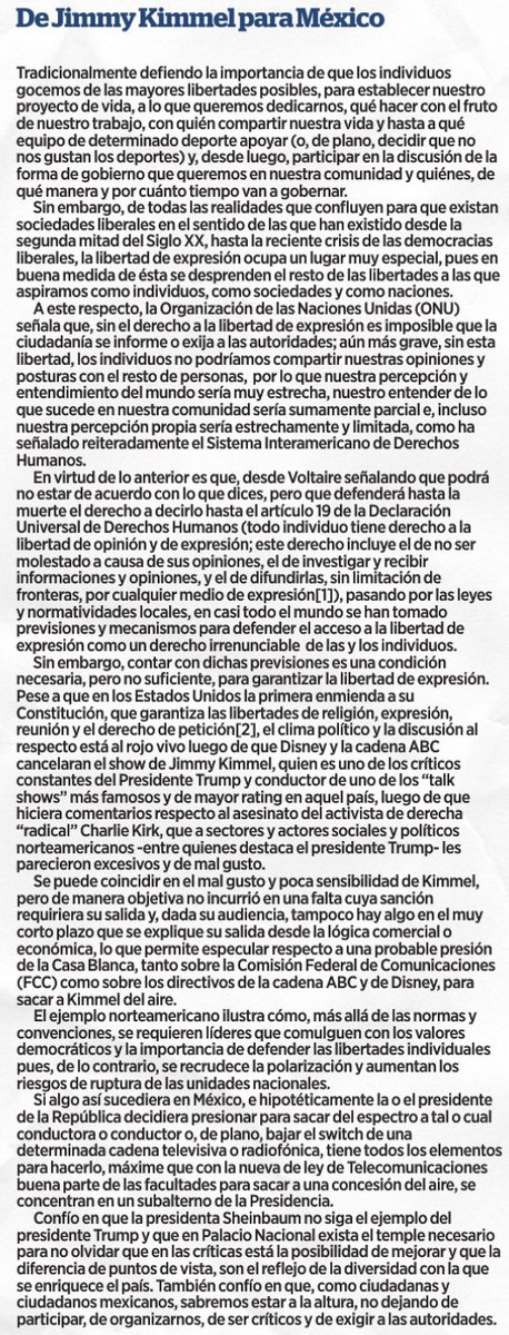 La polémica en EE. UU. sobre la #LibertadDeExpresión, debe cuestionarnos si estamos comprometidos con ella y la defendemos o, si por el contrario, a la primera de cambios se la daremos como ofrenda al autoritarismo.  Chequen mi columna en #Sintesis:
sintesis.com.mx/puebla/2025/09…
