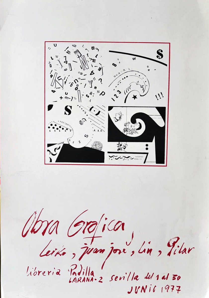 Cuando estábamos en la calle Laraña, la 2.ª planta de la librería se transformaba en sala de exposiciones. Este es un cartel de una exposición colectiva de 1977, con obras de Leiko, Juan José, Lin y Pilar. #libreríasdesevilla #arte