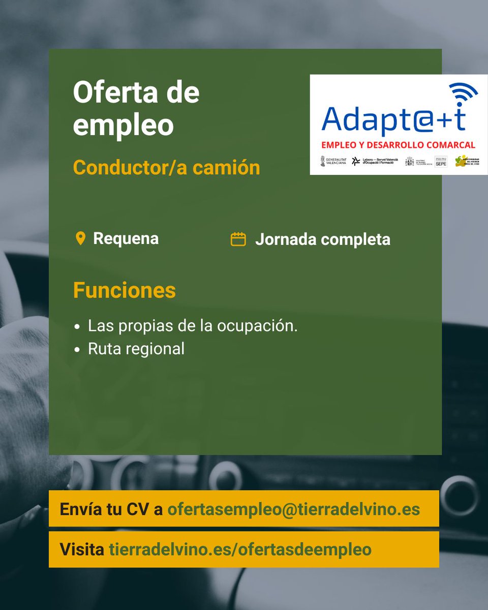 📢 Nueva oferta de #empleo en Requena
👥 Conductor/a  de camión
📢 Si estás en situación de #desempleo 👉 🔵🔴Contacta con Adapt@+t
👥 Equipo de Adapt@+t te ayuda a mejorar tus competencias laborales #orientacionlaboral, #formación, #coaching #emprendimiento
#Labora #Empleos