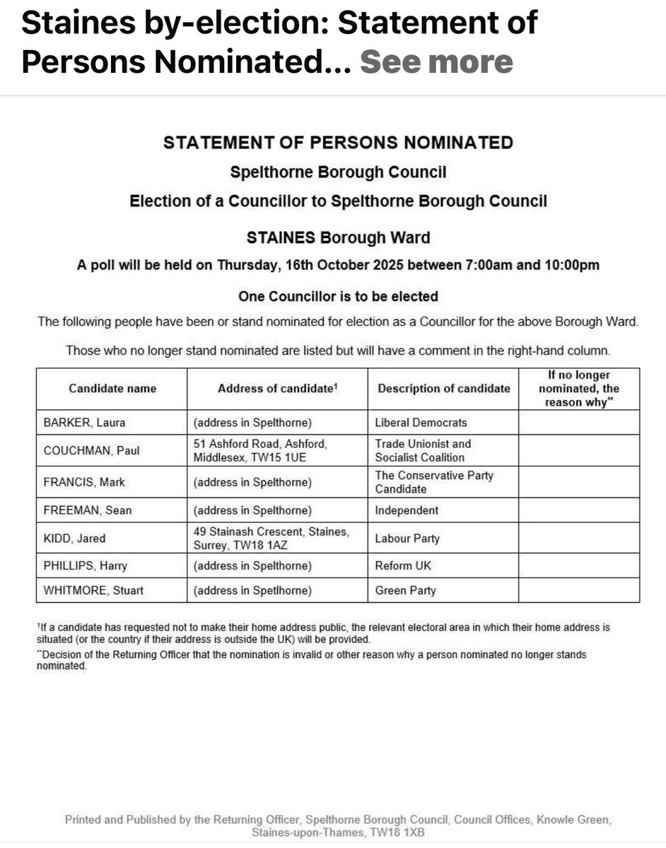 This lot are vying to win the Staines by-election <a href="/SpelthorneLibDe/">Spelthorne Lib Dems 🔶</a> #paulcouchman <a href="/SpelthorneLabPy/">Spelthorne Labour Party</a> <a href="/Conservatives/">Conservatives</a> #seanfreeman <a href="/reformparty_uk/">Reform UK</a> <a href="/TheGreenParty/">The Green Party</a> 

Sad that Jared Kidd of Labour gave his address as Staines Surrey it never was or is in our town’s address.