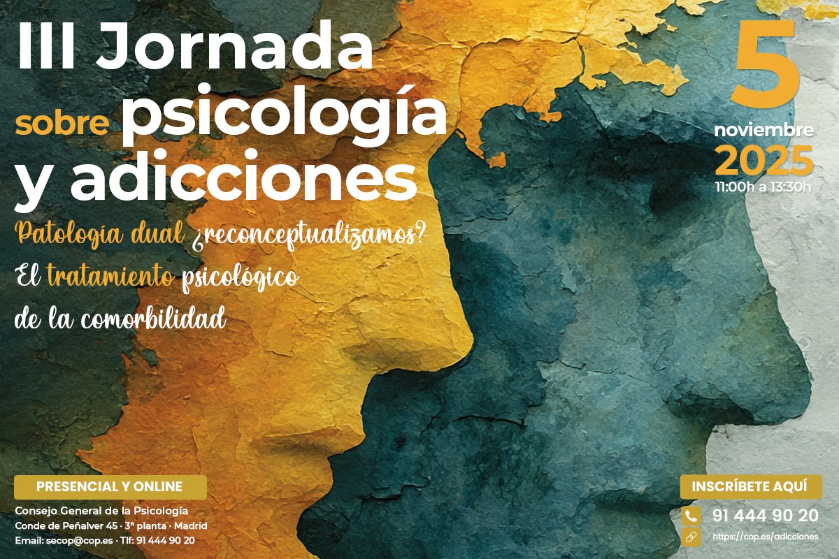 📌La #psicoterapia adquiere un papel clave como herramienta #terapéutica de primera línea en el tratamiento de personas con #comorbilidad. 
Este será uno de los temas a tratar en la III Jornada sobre #Psicología y #Adicciones. 
Os podéis inscribir en:
👉jornadas.cop.es/adicciones/