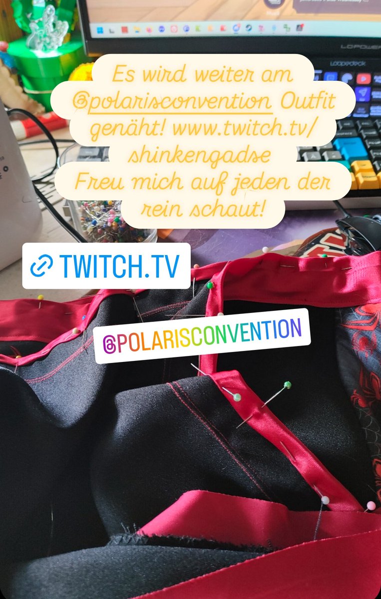 Es wird weiter am @polarisconvention Outfit genäht! twitch.tv/shinkengadse 
Freu mich auf jeden der rein schaut!