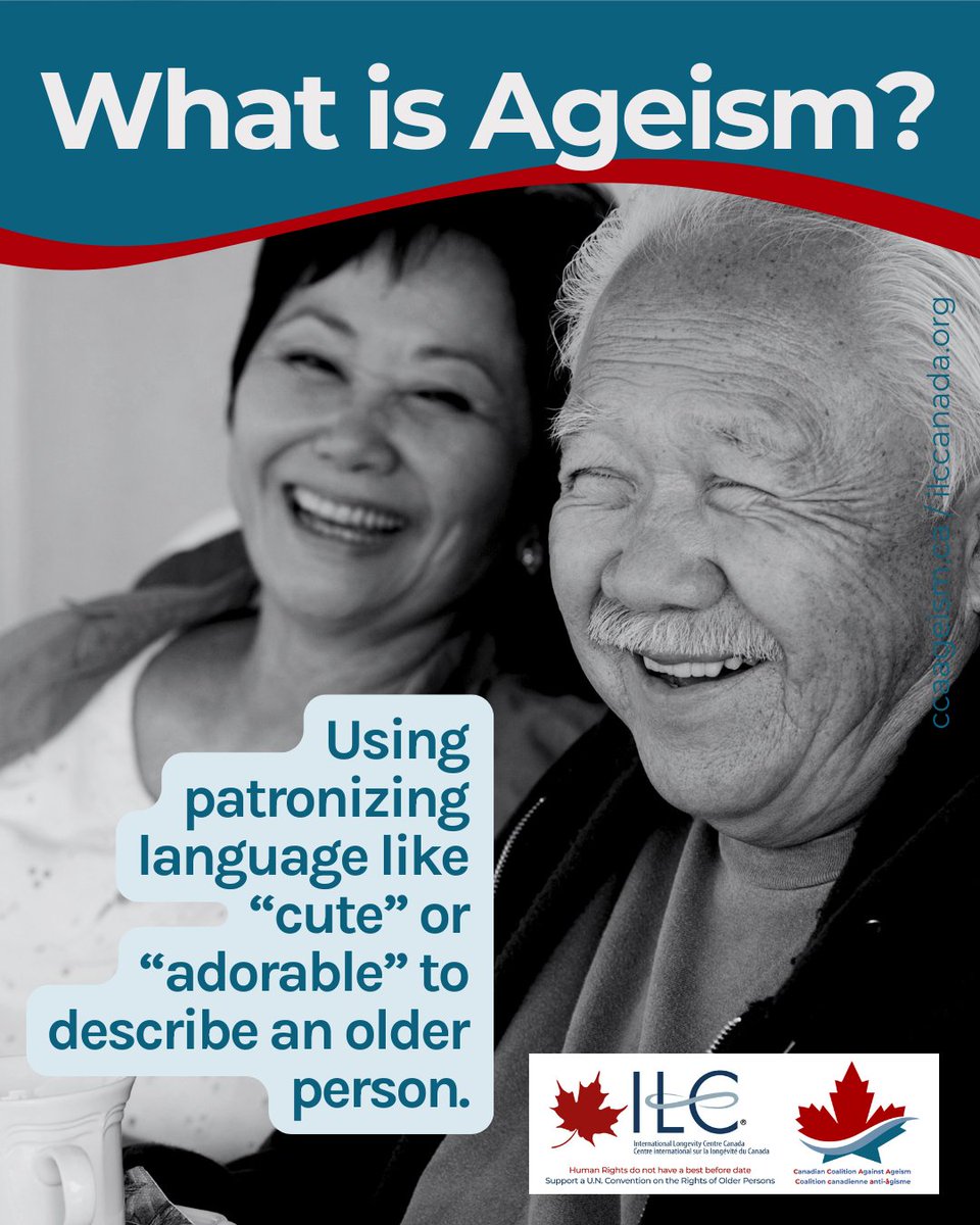 Ageism can sound like a compliment—but it often isn’t.

Calling older people “adorable” or “cute” minimizes their adulthood &amp; individuality.

Let’s use language that reflects respect, not stereotypes.

<a href="/rto_ero/">RTOERO</a> <a href="/SEHealth_SEHC/">SE Health</a> <a href="/UnitedWay_BC/">United Way BC</a>
#WhatIsAgeism #StopAgeism #CCAA