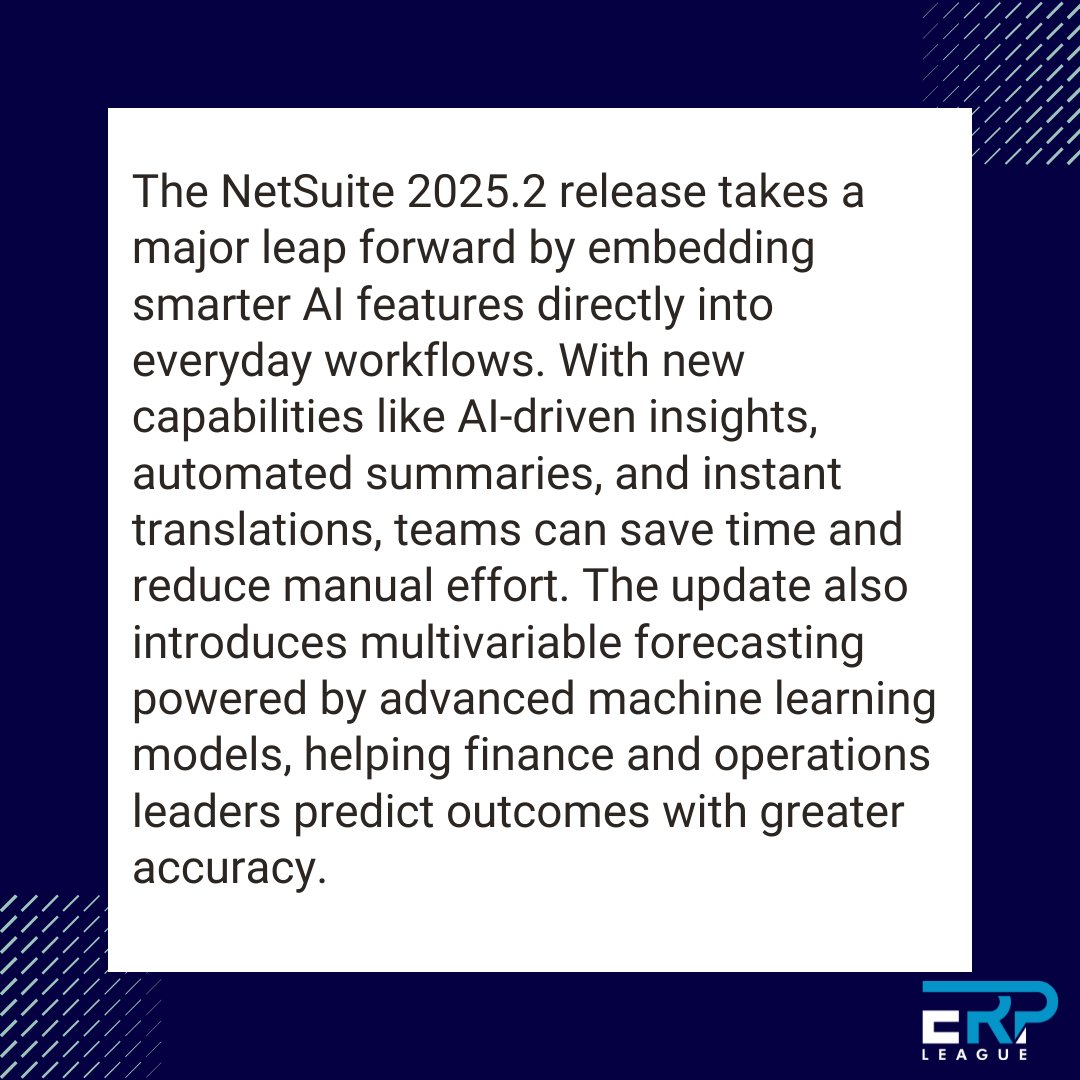 ErpLeague's tweet image. NetSuite 2025.2 is here with smarter AI, stronger compliance, and next-level automation. 

Website: erpleague.com

#NetSuite2025 #AIinERP #DigitalTransformation #SmartERP #BusinessAutomation #ERPInnovation #ComplianceFirst #FutureOfWork #MachineLearning
