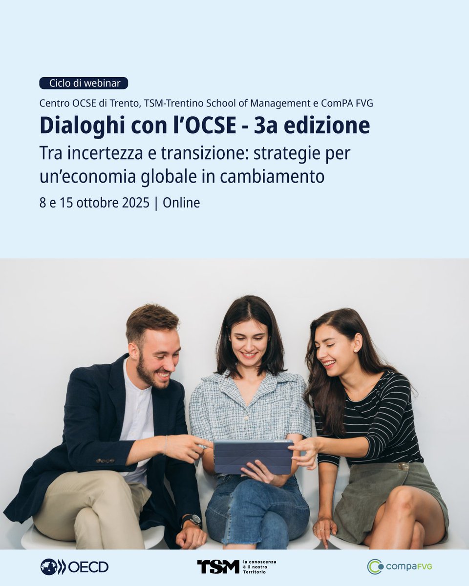 📢Torna la 3ª edizione dei Dialoghi #OCSE! 

Due appuntamenti online per discutere di commercio internazionale, #resilienza e #innovazione tecnologica, con esperti, istituzioni e #imprese.

📅 8 &amp; 15 ottobre | 14:30-16:00  🖥️Online
 🔗Info ed iscrizioni: oe.cd/6bI