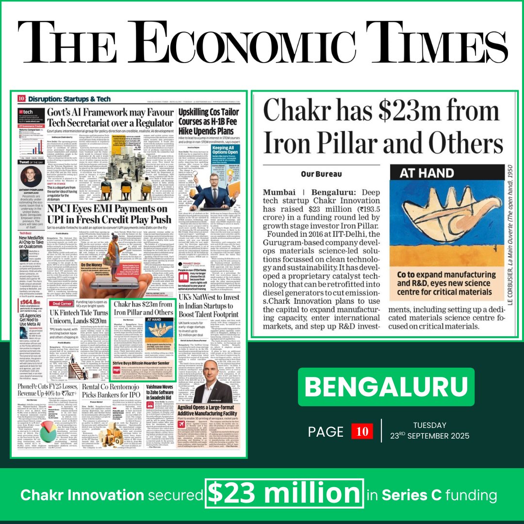 📰 Featured in The <a href="/EconomicTimes/">Economic Times</a>  (Bengaluru Edition, Pg- 10) for our USD 23M Series C fundraise!🚀

This milestone drives growth, manufacturing expansion &amp; India’s 1st Materials Science Centre — step towards #ViksitBharat🌍

🔗 lnkd.in/g4S-JNc8

#ChakrInnovation #SeriesC