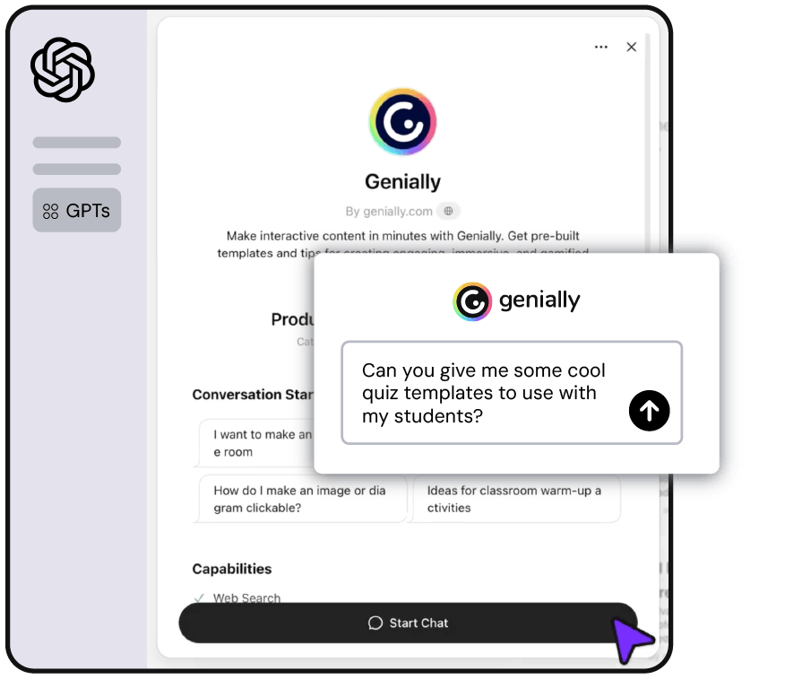 ¡Conecta ChatGPT a Genially! Ahora también puede ayudarte a descubrir nuevas plantillas de Genially y generar ideas para tus contenidos. Tutorial: help.genially.com/es/usa-chatgpt…