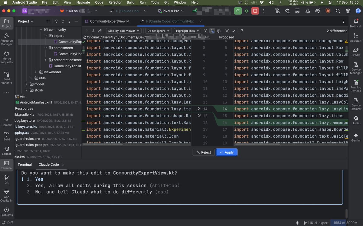 SlamingDev's tweet image. Claude Code CLI + Android Studio official extension

best of both worlds ⚡

displaying changes like git changes directly in IDE.

#androiddev
