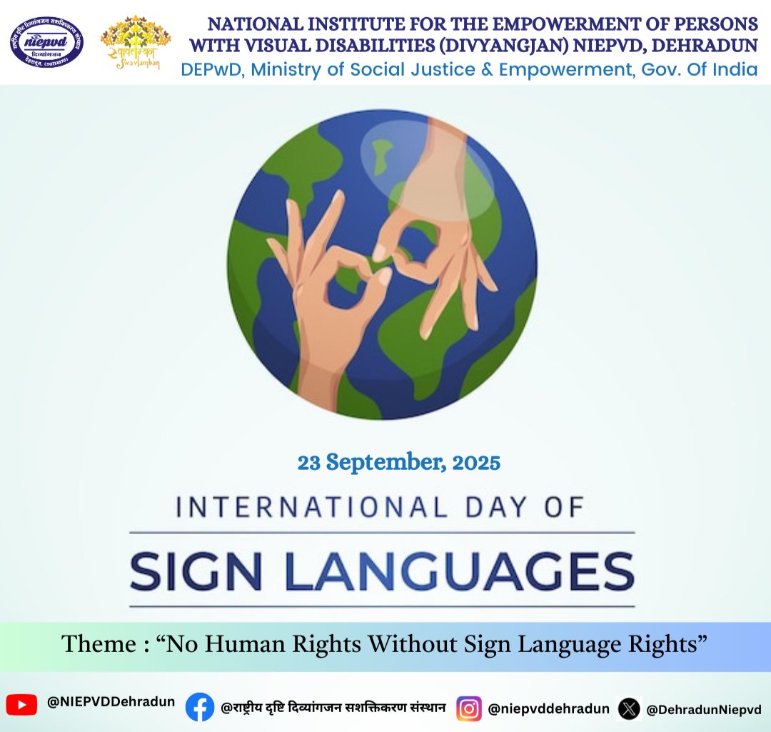 DehradunNiepvd's tweet image. Language is a bridge, not a barrier.
On INTERNATIONAL DAY OF SIGN LANGUAGE, we celebrate the power of inclusive communication that connects communities, empowers individuals, and strengthens the vision of an accessible world for all.
@socialpwds @MSJEGOI @pib_MoSJE @mygovindi