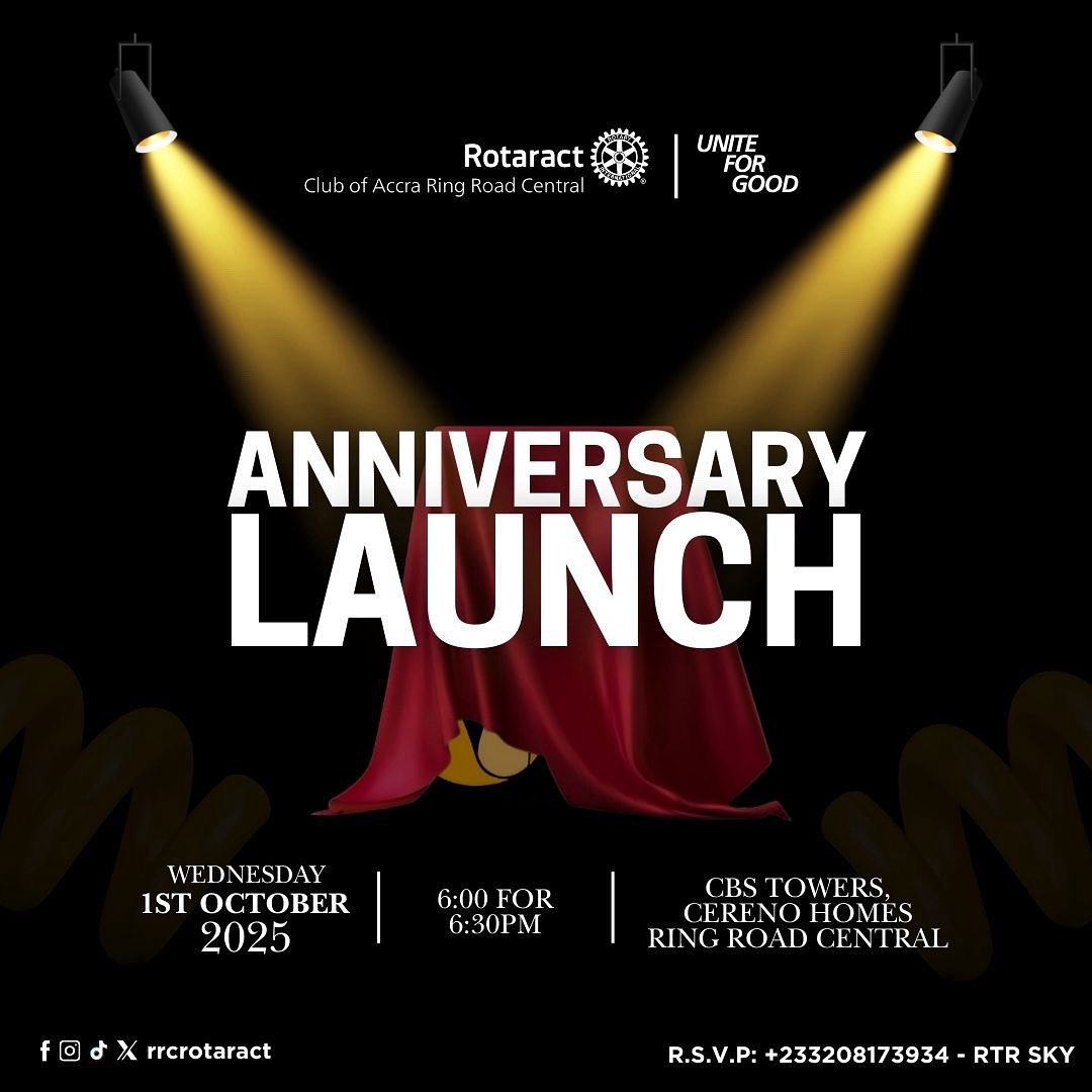 🎊 *ANNIVERSARY CELEBRATION*🎊 
🌟🔥 *ROTARACT CLUB OF ACCRA RING ROAD CENTRAL* 🛣️
_*We warmly invite you to join us launch the Anniversary Celebration of Rotaract RRC*_ 🥳✨🎈🍾

🗓️ Wednesday, 1st October 2025
🕕 6:00 PM for 6:30 PM
📍 CBS Tower, Cereno Homes, Ring Road Central.