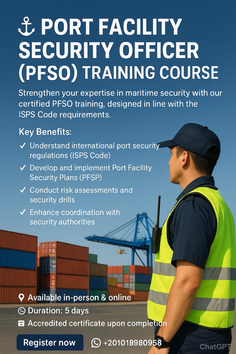 PathwaysTr54500's tweet image. ⚓Become a certified Port Facility Security Officer (PFSO)

 In-person &amp;amp; Online | 5 Days
🎓ISPS Code Compliant Training
Gain skills in:
✅Port security planning
✅Risk &amp;amp; threat assessment
✅Emergency response
wa.me/+201018980958
#PFSO #PortSecurity #MaritimeTraining #ISPSCode