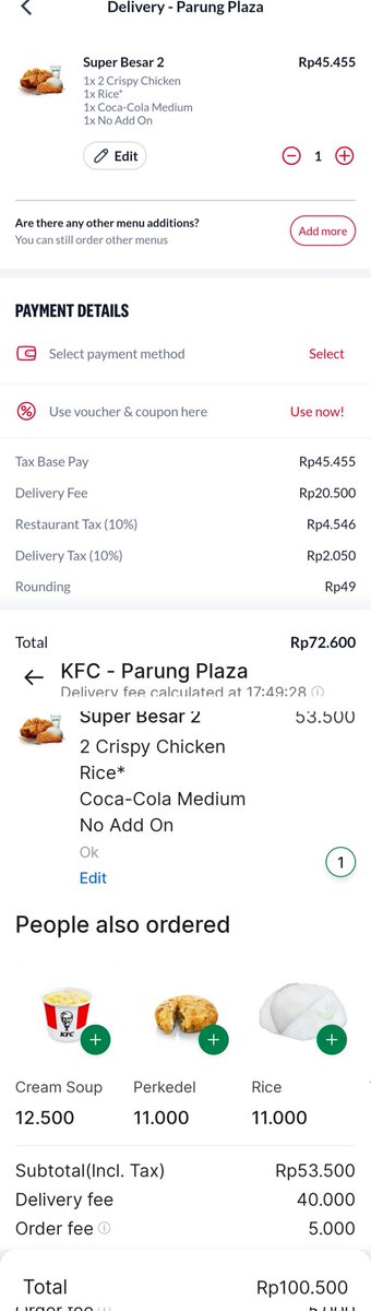 Jun__Dev's tweet image. Iseng pen @kfc.
Perbedaan order delivery di aplikasi KFC &amp;amp; @GrabID untuk makanan seharga 45k adalah 27.9k.
Sama2 opsi delivery-nya pake Grab.