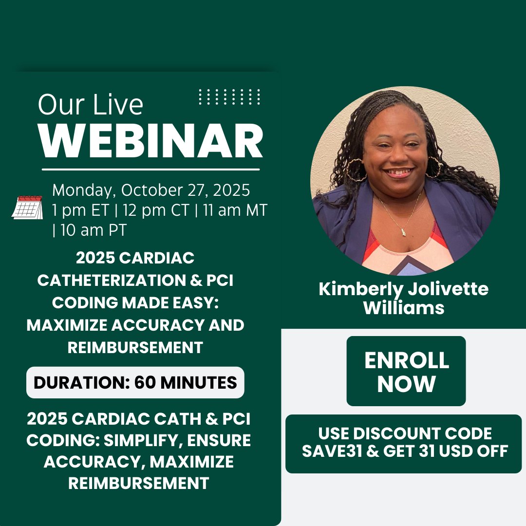 skillacquire's tweet image. Master 2025 #CardiologyCoding updates! 🚀
Join Our Live Webinar: 2025 Cardiac Catheterization & PCI Coding Made Easy: Maximize Accuracy and Reimbursement🚀
✔️ CPT® 2025 changes
✔️Cath, PCI, stents, injections
💸 Code SAVE31 = $31 OFF
🔗 tinyurl.com/myu2u54z
#MedicalCoding