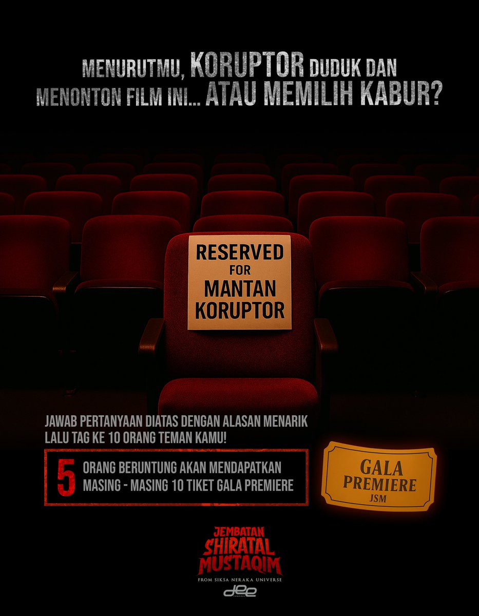 QUIZ! tulis jawaban kamu di kolom komentar. 5 Orang terpilih akan dapatkan masing - masing 10 ticket nonton Gala Premiere Jembatan Shiratal Mustaqim!

Jangan lupa Tag ke 10 orang teman kamu!

Saksikan 9 Oktober 2025 di bioskop!

#DeeCompany
#JembatanShiratalMustaqim