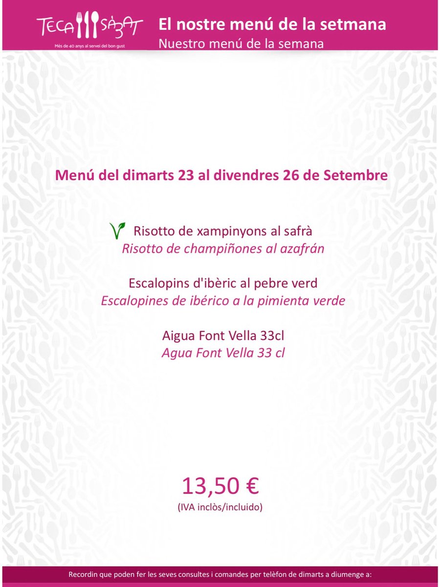 🚨Ja pots consultar a la nostra pàgina web 💻 el nostre menú setmanal i els plats que trobaràs a les nostres botigues:
     
👉 Risotto de xampinyons al safrà.
👉 Escalopins d’ibèric al pebre verd.     

Vine a les nostres botigues i emporta't el teu menú: tecasabat.com/pdf/Menus.pdf