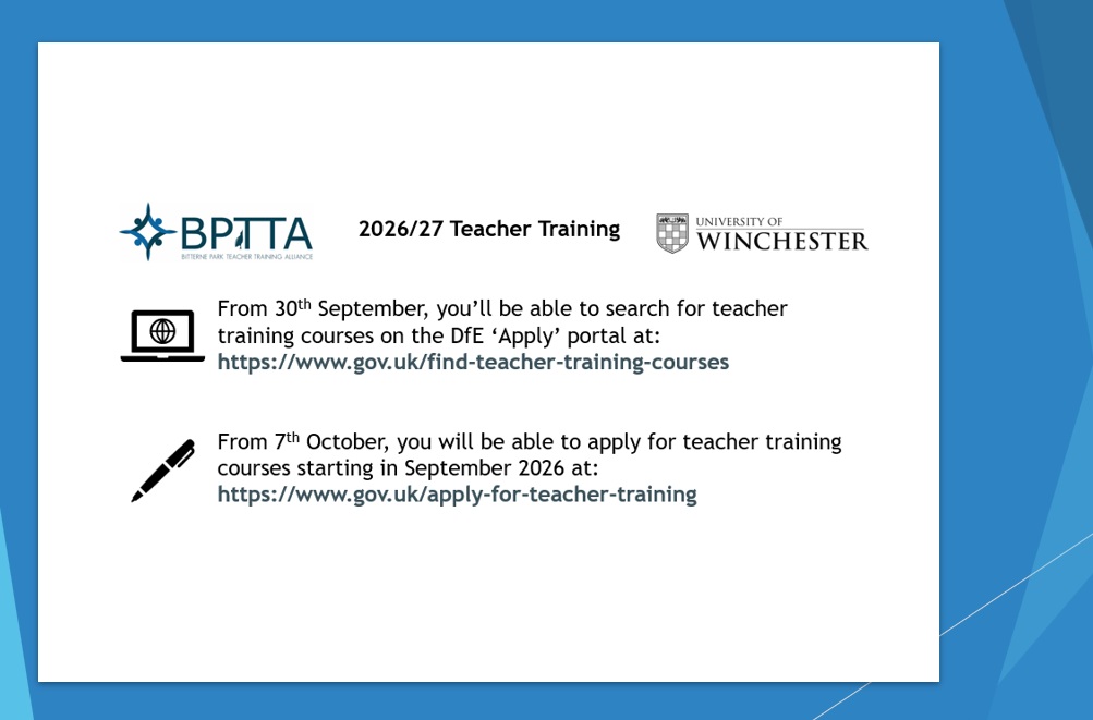 Are you thinking about training to become a #teacher? Save these dates!
🔍30th September - search 📝 7th October - apply Learn more: bitterneparkschool.org.uk/train-to-teach… #traintoteach #teachertraining #career #getintoteaching #southampton #hampshire <a href="/_UoW/">University of Winchester</a>