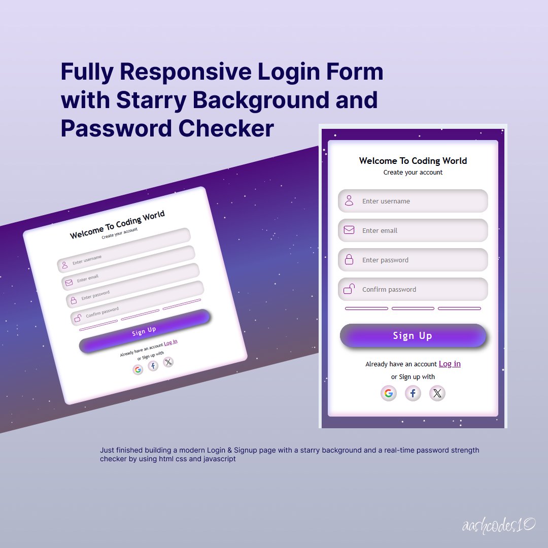aashcodes10's tweet image. 🌌 Responsive. Clean. Starry. ✨
I just finished this login & signup page with a dreamy starry background.
📱 Looks perfect on every screen size
I love making UI feel alive- Drop your thoughts below!
#WebDevelopment #FrontendProject #ResponsiveDesign #ProgrammerLife #UIUX