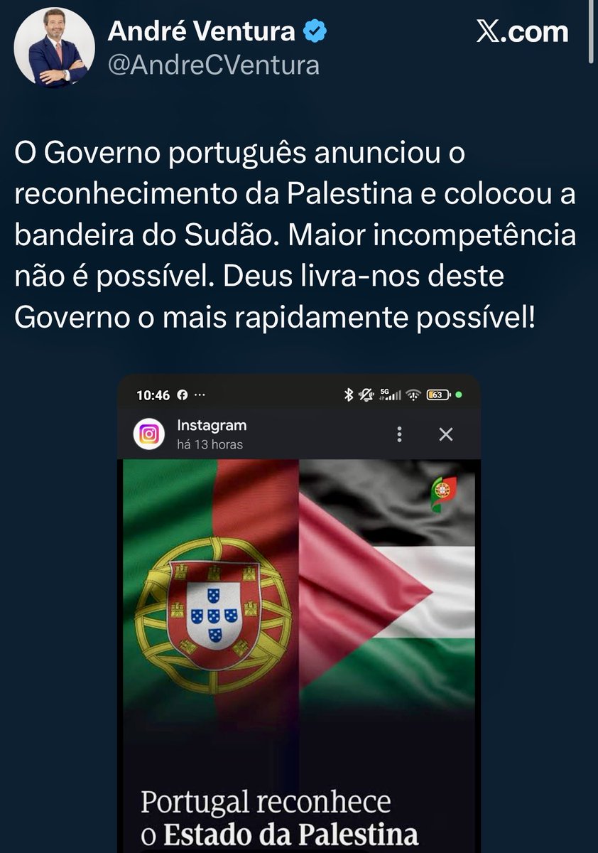 Esta é mesmo a bandeira da Palestina, André. Não é a do Sudão.
Mas deixa estar. Também ninguém esperava que o homem que nos deu o êxito “ANDAMOS A PAGAR IMPOSTOS PARA O MARCELO IR COMER HAMBÚRGUERES À ALEMANHA!!” soubesse reconhecer a bandeira da Palestina.