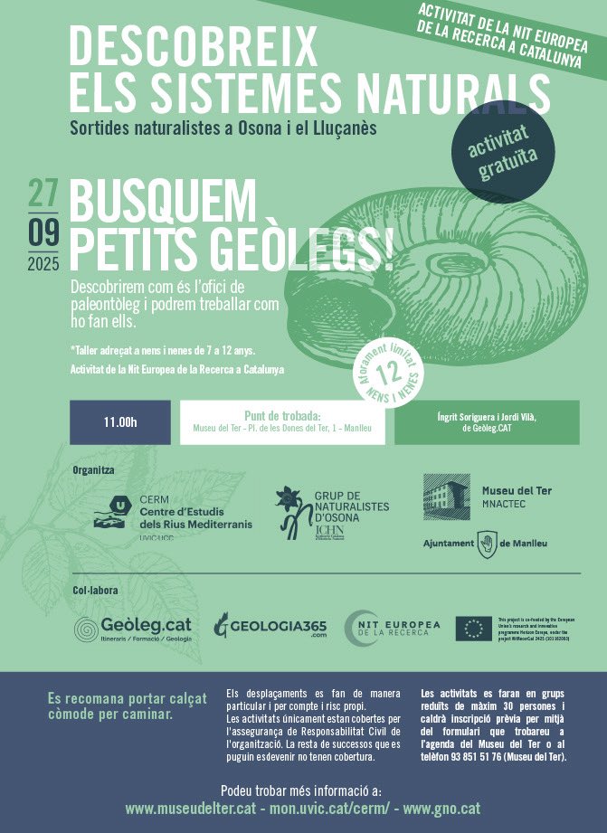 Cap de setmana amb doblet de #SortidesNaturalistes25 #Osona 

Divendres 26 de setembre - Nit de Ratespinyades per descobrir els ratpenats
18:45h - Museu del Ter

Dissabte 27 de setembre - Busquem petits geòlegs
11h - Museu del Ter

Actes inclosos a la #NitRecerCat #NitRecerCat25