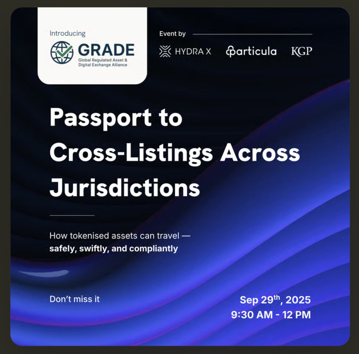 Particula is heading to Singapore! Join us for our exclusive official side-event in collaboration with Hydra X and KGP Legal 🚀 

Join us on the 29th of September, 9:30 am for our event: Passport to Cross-Listings Across Jurisdictions 🤝 

Our Co-Founder &amp; CGO Nadine Wilke will