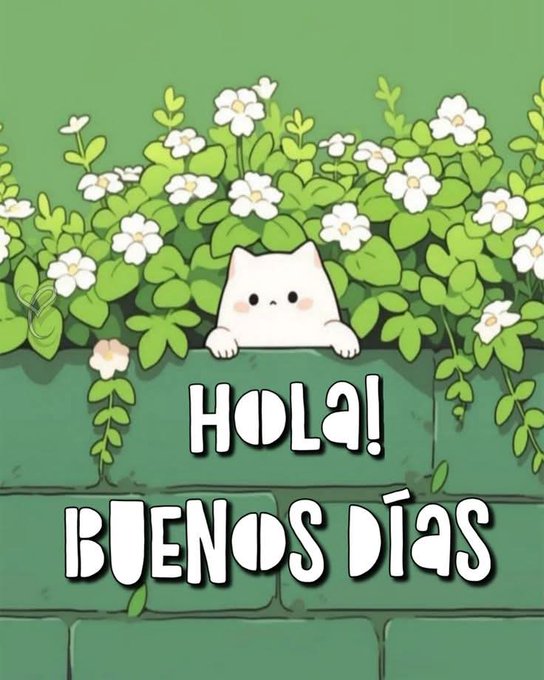 A cute cat peeking over a green brick wall covered with green leaves and white flowers. The text "Hola! Buenos Días" is displayed in bold, colorful letters on the wall.