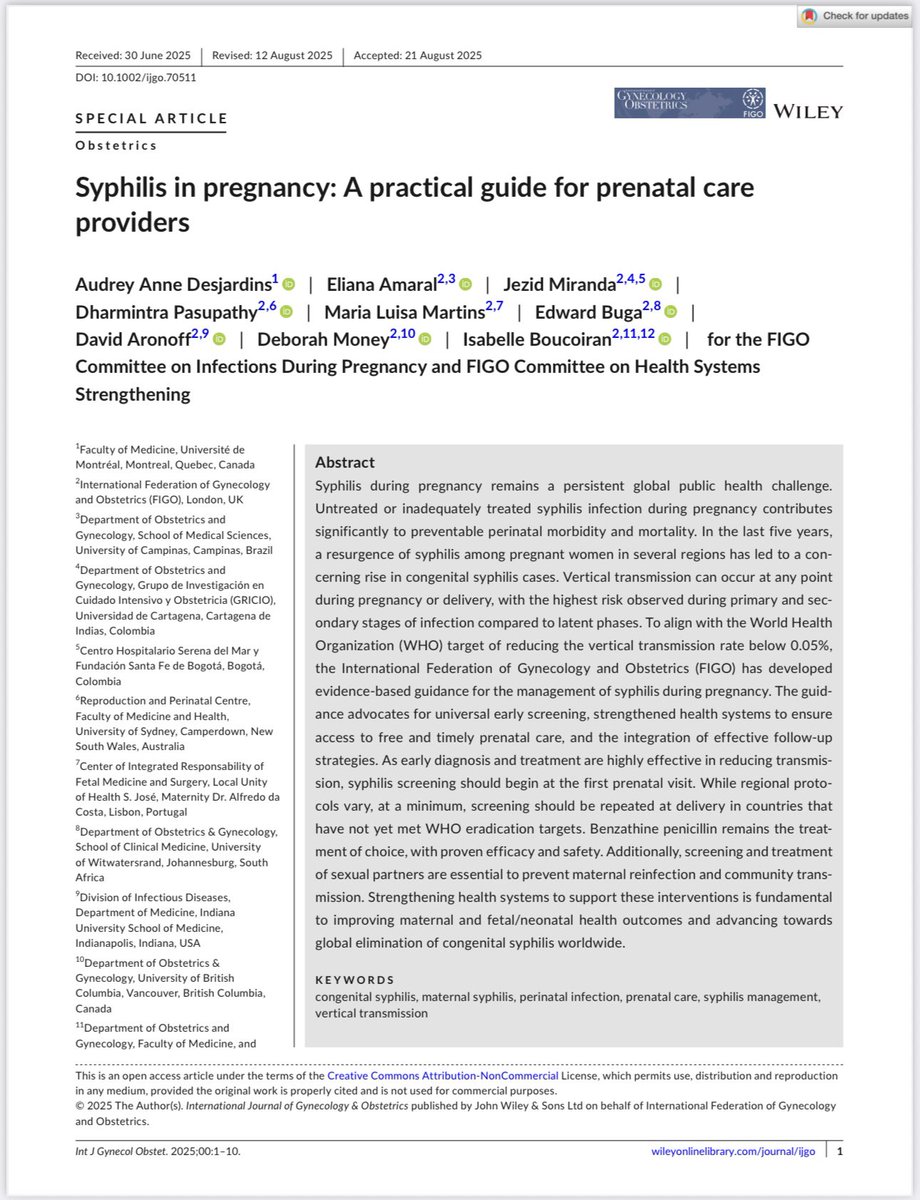 JezidMiranda's tweet image. Proud to share FIGO’s new guideline on syphilis in pregnancy, developed by the Committees on Health System Strengthening and Infectious Diseases. A tool to improve care and help end congenital syphilis. 

obgyn.onlinelibrary.wiley.com/doi/epdf/10.10…

#MaternalHealth @FIGOHQ