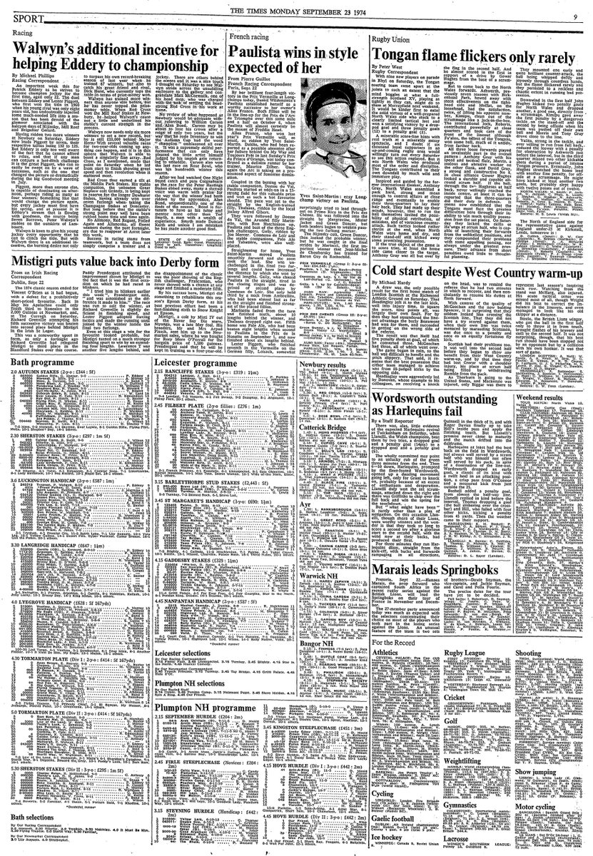 23rd September 1974:

FOOTBALL
Jeff Blockley Transfer Request
Charlie George Transfer Request
Don Revie's England Plans
West Ham Hit Twelve Goals in Two Games
Ipswich Ease Past Chelsea
QPR Struggle
Phil Boersma Is On Fire (Not literally)

F1
Emerson Fittipaldi Wins Canadian GP