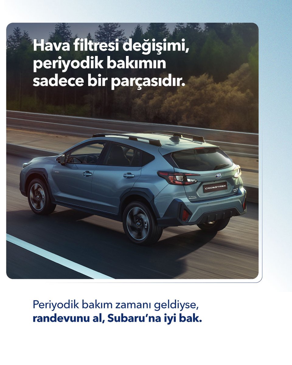 Yol arkadaşınız Subaru’yu uzun yıllar aynı güçle kullanmak için düzenli bakım şart. 🛠️

Subaru’nun performansını artırmak ve güvenliğini korumak için sizi Subaru Yetkili Servislerine bekliyoruz.

#Subaru #YolDostumSubaru #Crosstrek #BilenBilir