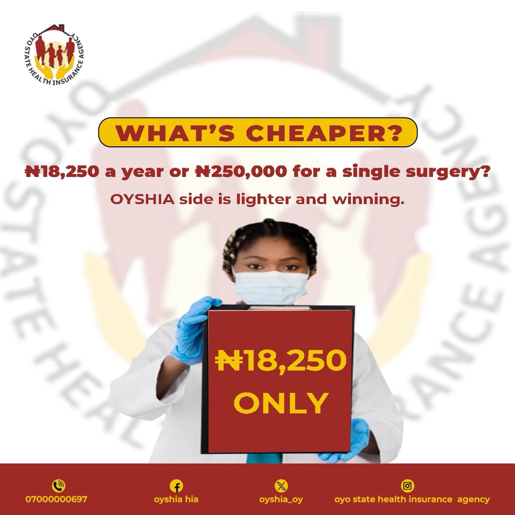 ₦18,250/year with OYSHIA saves you from ₦250,000 hospital bills. 

Affordable care, no surprises.
DM us or call 07000000697 to enroll today. 1/2.