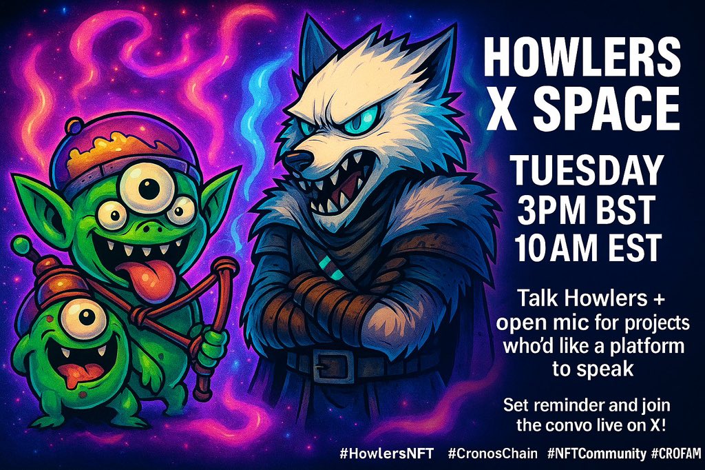 GomezSdcc's tweet image. 🚀 Ready for an epic #NFTSpaces with the pack?
🎙️ Howlers NFT X Space
🗓️ Tuesday – 3PM BST | 10AM EST
🐺 Hosted by @angelusbobrh + #CROFAM

Agenda:
⚡ Latest Howlers news
🔥 Upcoming plans &amp;amp; staking
🤝 Share your project on stage!

👉 Don’t miss it: x.com/i/spaces/1OyJA…