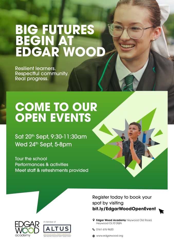 EdgarWoodAc's tweet image. ‼️Reminder - Edgar Wood Academy Open Evening‼️

Wednesday 24th September | 5:00 – 8:00pm | Open evening 

Sign up to an event here: form.jotform.com/232613877264361

#EdgarWoodAcademy #OpenEvent #BigFuture