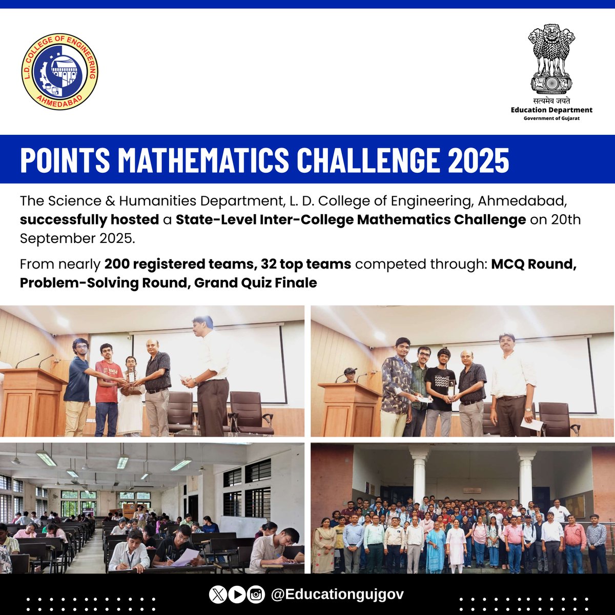 EducationGujGov's tweet image. 🎯 Points Mathematics Challenge 2025 🎯

The Science &amp;amp; Humanities Department, L. D. College of Engineering, Ahmedabad, successfully hosted a State-Level Inter-College Mathematics Challenge on 20th September 2025.

#MathChallenge2025 #LDCollege #InnovationInEducation