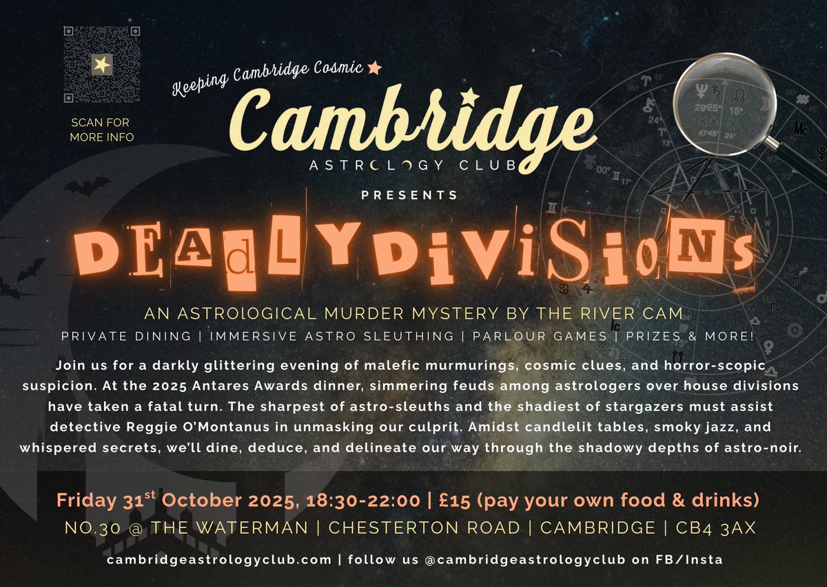 cambridgeastro's tweet photo. 🎃 BOOKING NOW OPEN!!! 🎃Head on over to https://t.co/LSAeq3Rd2C pronto to book your tickets for Deadly Divisions: An Astrological Murder Mystery, and ready yourselves for a frightfully star studden night of astro-noir! #astrologyeventsuk #astronoir #astromystery https://t.co/30w9AH7XZu