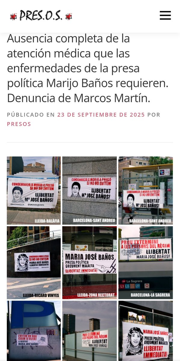"Se trata de un aviso a navegantes: “si os atrevéis a luchar contra el fascismo os vamos a machacar”. Ese es el mensaje a la clase obrera."

Impidamos un nuevo crimen de Estado. Únete a la campaña solidaria.

¡¡Libertad MªJosé Baños!!
¡¡Amnistía total!!

presos.org.es/index.php/2025…