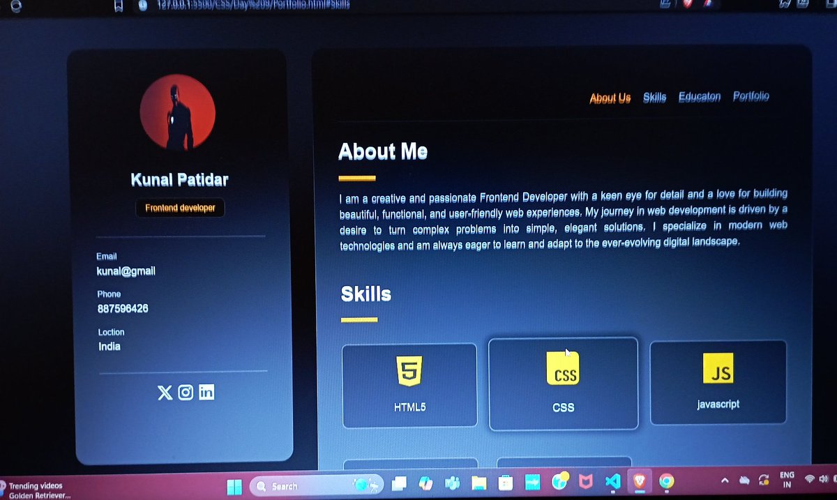 KunalPatidar23's tweet image. Lecture 15 completed ✅ 
Build a portfolio website🙌
#defencebatch #coderarmy
#WebDevlopment @rohit_negi9