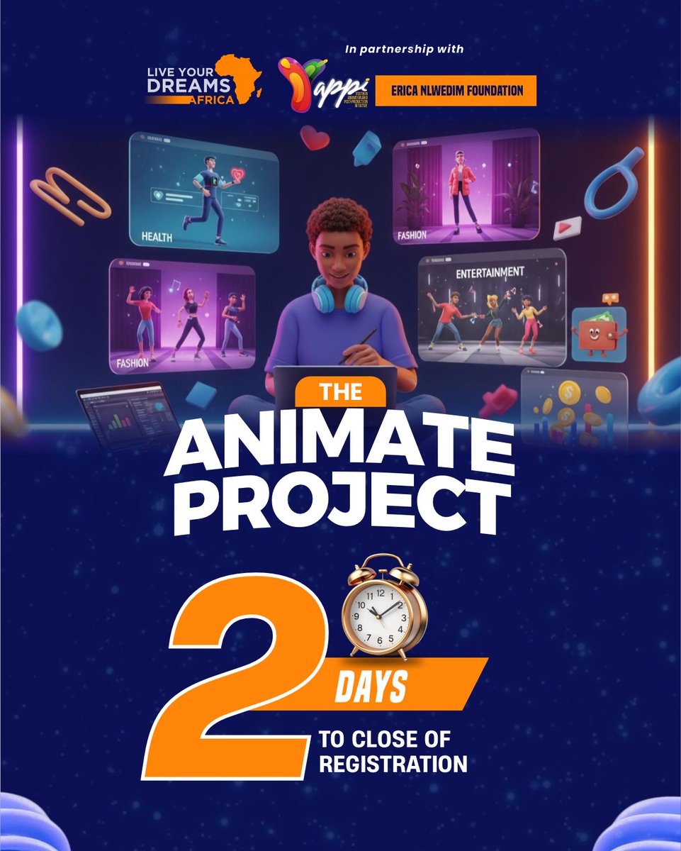 LYDAfrica's tweet image. The clock is ticking… and the countdown is continues

Registration for The Animate Project wraps up in just 2 days.
.
Don&apos;t overthink it.
.
Click the link in bio and lock in your spot NOW.
.
#AnimateProject #LYDAfrica #Animation #VideoEditing #DigitalSkills