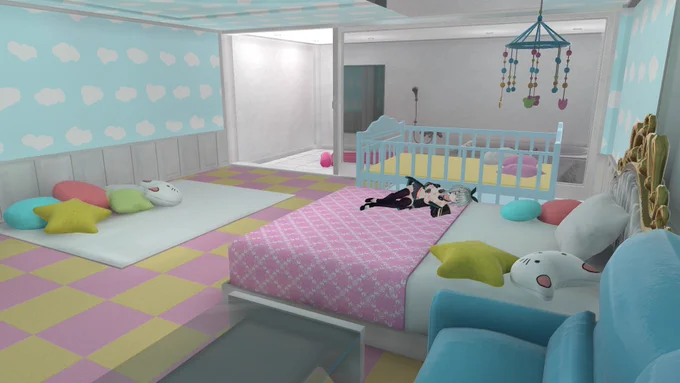 VRChat『甘園房ワールド』アップデート完了しました ワールドURL ・「大広間」や「お遊戯部屋」が追加 ・ベッドで寝られるように ・便利機能のタブレットを実装 ・来場時などにママ先生のアナウンス ・etc. ぜひ遊びに来てね (※VR機器が無くても楽しめます)