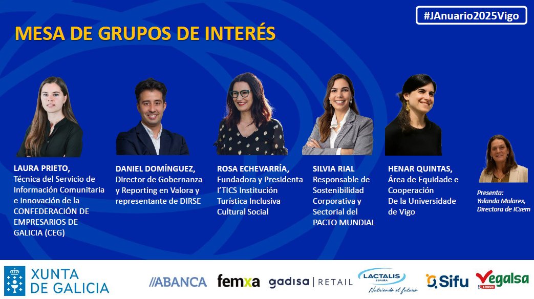 Corresponsables's tweet photo. Continuamos la #JAnuario2025VIGO con la mesa de grupos de interés, que contará con la participación de:

✅ Laura Prieto, (@CEG_Galicia)
✅ Daniel Domínguez, (@AsocDIRSE)
✅ Rosa Echevarría, (I’TICS)
✅ @silviarifu, (@PactoMundial)
✅ Henar Quintas, (@UVigo) 

✅ Presenta: @ymolares1 (@ICSEM_Es)

EN DIRECTO 👉 https://t.co/a1ufG6wiik