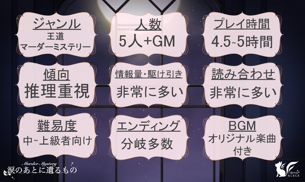 myst_nekomanma's tweet image. 🩵新作マーダーミステリー告知🩵

🫧【涙のあとに遺るもの】🫧

◾︎10/10(金)リリース予定✨️
💠5PL+GM
💠4.5~5時間（ハンドアウト読みの時間は含みません。事前読み込み推奨）
💠推理重視
💠情報量・駆け引き・読み合わせ多め
💠配信用素材付き

#マーダーミステリー
#なみのこ
#涙のあとに遺るもの