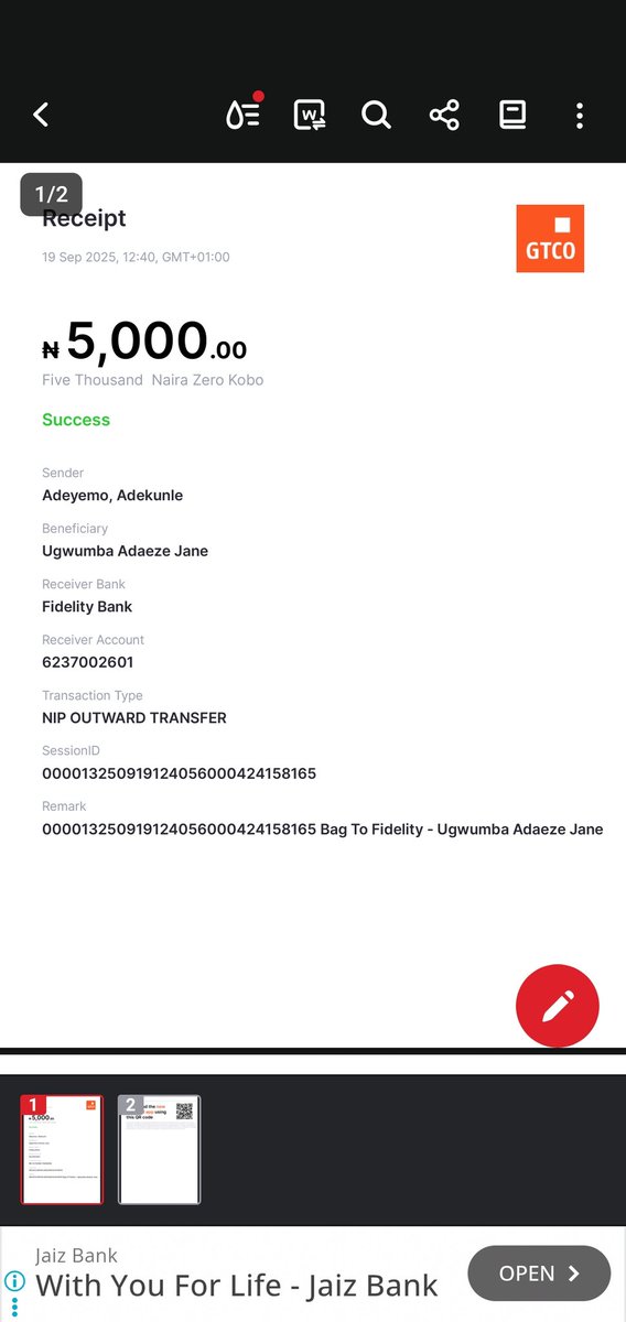 ADEYEMOADEKUNL2's tweet image. Good day @gtbank @gtbank_help, I make below transfer on 19th Sept 2025,but the recipient never confirm the payment as at today. Plz help me revert back the payment. @cenbank @icpcnigeria @officialEFCC @PoliceNG @fidelitybankplc