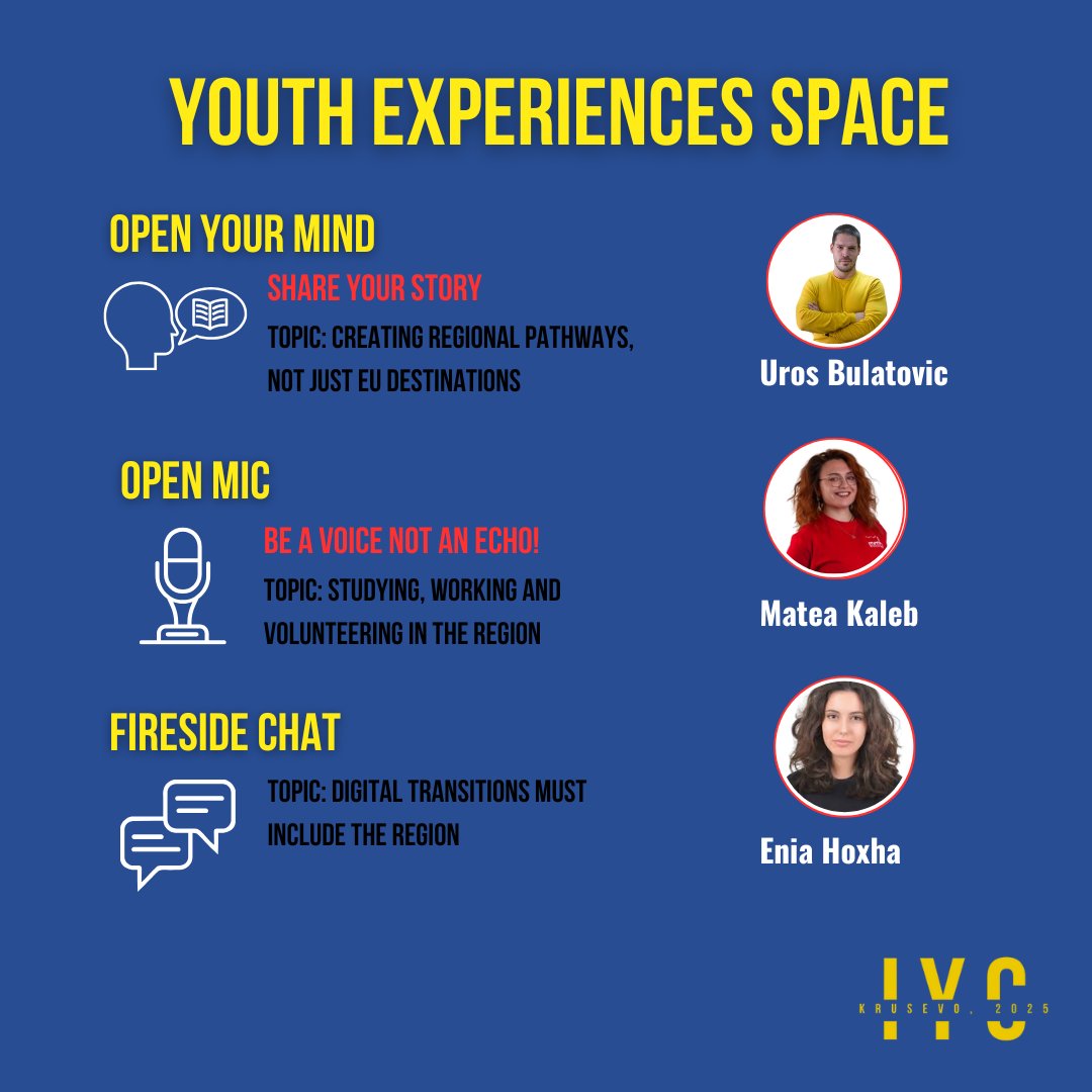 Ready to hear youth voices loud and clear?
At #IYC2025, the spotlight is on your stories, ideas, and reflections.
Expect honest talks, powerful insights, and inspiring moments – all driven by YOU(th)! 💡
📅 27 September 2025 | 12:45 – 14:00
📍 Kruševo, North Macedonia